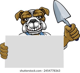 A bricklayer bulldog dog handyman cartoon construction mascot character holding a trowel tool