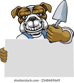 A bricklayer bulldog dog handyman cartoon construction mascot character holding a trowel tool