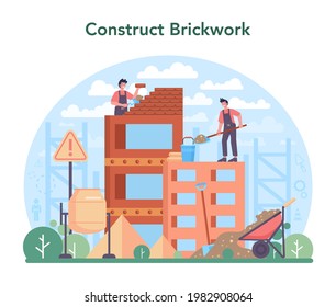 Bricklayer concept. Professional builder constructing a brick wall with tools and materials. Process of house building. Isolated flat vector illustration