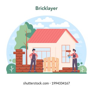 Bricklayer concept. Professional builder constructing a brick wall with tools and materials. Process of house building. Isolated flat vector illustration
