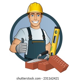 Bricklayer with different tools, cartoon vector