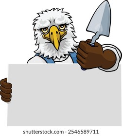 Un personaje de mascota de construcción de dibujos animados de handyman águila albañil sosteniendo una herramienta de paleta