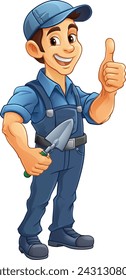 A bricklayer handyman cartoon construction mascot character man holding a trowel tool