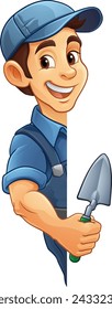 A bricklayer handyman cartoon construction mascot character man holding a trowel tool