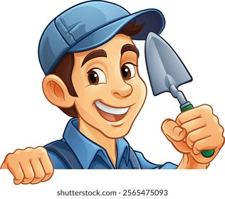 A bricklayer handyman cartoon construction mascot character man holding a trowel tool