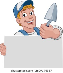 A bricklayer handyman cartoon construction mascot character man holding a trowel tool
