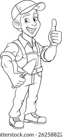 A bricklayer handyman cartoon construction mascot character man holding a trowel tool