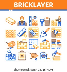 Bricklayer Industry Collection Icons Set Vector. Professional Bricklayer Worker, Mason Layer Equipment For Construct Brick Wall Concept Linear Pictograms. Color Contour Illustrations