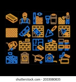Bricklayer Industry neon light sign vector. Glowing bright icon  Professional Bricklayer Worker, Mason Layer Equipment For Construct Brick Wall Illustrations