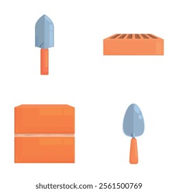 Bricklayer instrument icons set cartoon vector. Various trowel and brick. Construction equipment