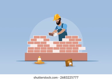 Maurer, der rote Ziegelsteine für den Mauerbau verlegt.  Baugewerbe, Hausbau
 Konzept. Vektor.