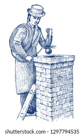 Bricklayer or Man builder on the roof of the house. Gentleman mason, worker in coat and hat. 20th year, hand drawn retro vintage illustration. Engraved sketch.
