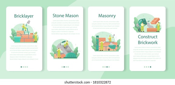 Bricklayer mobile application banner set. Professional builder constructing a brick wall with tools and materials. Process of house building. Isolated flat vector illustration