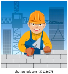 Bricklayer on a building site. Vector illustration