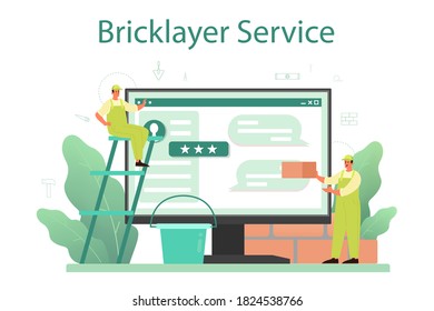 Bricklayer online service or platform. Professional builder constructing brick wall with tools and materials. Process of house building. Isolated flat vector illustration