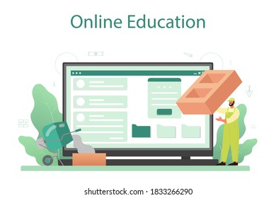 Bricklayer online service or platform. Professional builder constructing brick wall with tools and materials. Process of house building. Online education. Isolated flat vector illustration