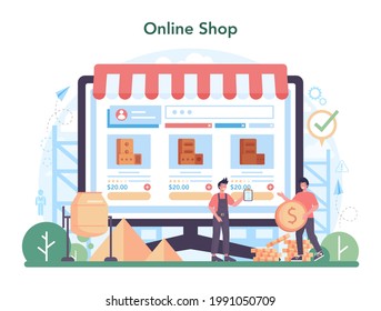 Bricklayer Online-Service oder Plattform. Professioneller Bauer baut eine Ziegelwand mit Werkzeugen und Materialien. Online-Shop. Einzelne flache Vektorgrafik