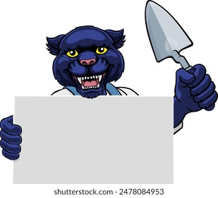 A bricklayer panther handyman cartoon construction mascot character holding a trowel tool