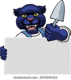 A bricklayer panther handyman cartoon construction mascot character holding a trowel tool