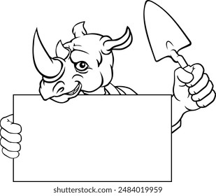 A bricklayer rhino handyman cartoon construction mascot character holding a trowel tool