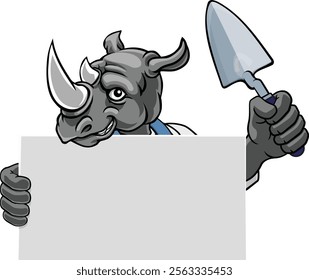 A bricklayer rhino handyman cartoon construction mascot character holding a trowel tool