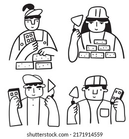 Bricklayer. Set of outline icons. Vector illustrations on white background.