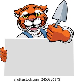 A bricklayer tiger handyman cartoon construction mascot character holding a trowel tool