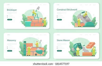 Bricklayer web banner or landing page set. Professional builder constructing a brick wall with tools and materials. Process of house building. Isolated flat vector illustration
