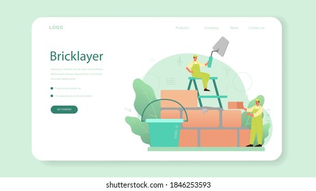 Banner web o página de inicio de la capa de ladrillo. Constructor profesional construyendo una pared de ladrillo con herramientas y materiales. Proceso de construcción de viviendas. Ilustración vectorial plana aislada