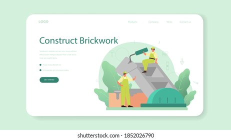 Bricklayer web banner or landing page. Professional builder constructing a brick wall with tools and materials. Process of house building. Isolated flat vector illustration