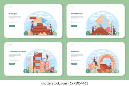 Bricklayer web banner or landing page set. Professional builder constructing a brick wall with tools and materials. Process of house building. Isolated flat vector illustration