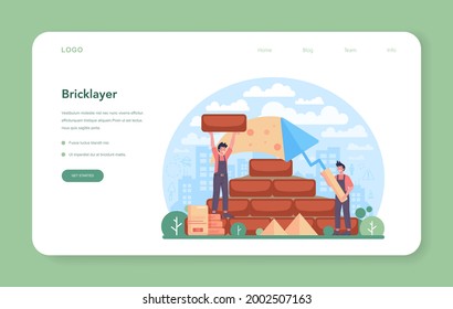Bricklayer web banner or landing page. Professional builder constructing a brick wall with tools and materials. Process of house building. Isolated flat vector illustration