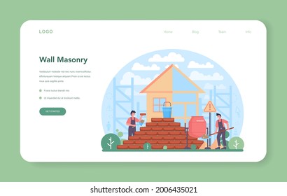 Bricklayer web banner or landing page. Professional builder constructing a brick wall with tools and materials. Process of house building. Isolated flat vector illustration