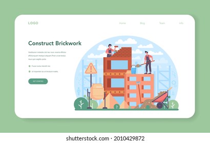 Bricklayer web banner or landing page. Professional builder constructing a brick wall with tools and materials. Process of house building. Isolated flat vector illustration