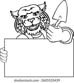 A bricklayer wildcat handyman cartoon construction mascot character holding a trowel tool