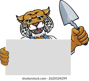 A bricklayer wildcat handyman cartoon construction mascot character holding a trowel tool