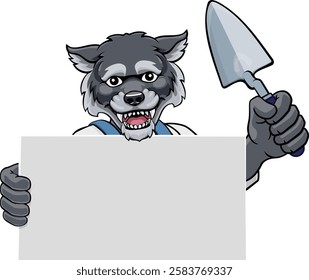 A bricklayer wolf handyman cartoon construction mascot character holding a trowel tool