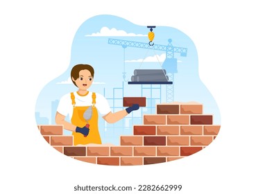 Bricklayer Worker Illustration with People Construction and Laying Bricks for Building a Wall in Flat Cartoon Hand Drawn Landing Page Templates
