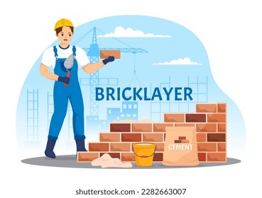 Bricklayer Worker Illustration with People Construction and Laying Bricks for Building a Wall in Flat Cartoon Hand Drawn Landing Page Templates
