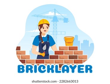 Bricklayer Worker Illustration with People Construction and Laying Bricks for Building a Wall in Flat Cartoon Hand Drawn Landing Page Templates