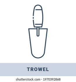 Bricklayers trowel outline icon. Vector monochrome illustration isolated on white background. Hand construction tool for renovation work.