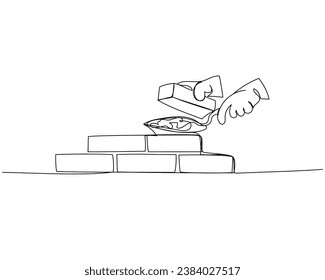 Bricklaying, building, building walls one line art. Continuous line drawing of repair, professional, hand, people, concept, support, maintenance.