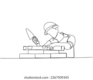 Mauern, Baustellen, Baustellen, Arbeitnehmer in Uniform legt Ziegelsteine eine einzige Linie Kunst. Kontinuierliche Zeichnung der Reparatur, der professionellen, der Hand, der Menschen, Konzept, Unterstützung, Wartung.