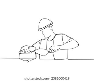 Bricklaying, building, building walls, worker in uniform lays bricks one line art. Continuous line drawing of repair, professional, hand, people, concept, support, maintenance.