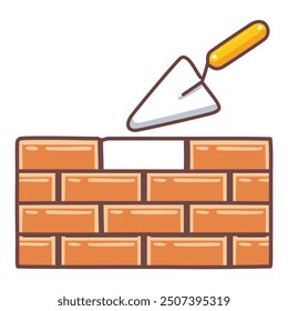 Paleta de trabajo de construcción de albañilería. Una paleta descansa sobre una pared de ladrillo, lo que significa construcción de edificios y artesanía.