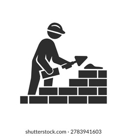Bricklaying and masonry construction icon. Worker building brick wall with trowel. Monochrome black and white symbol