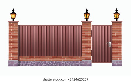 Brick-metal fence with lanterns on a white background. Vector realistic illustration