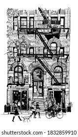 Bricks buildings facades with fire escape stairs in New York with people in the street - vector illustration 