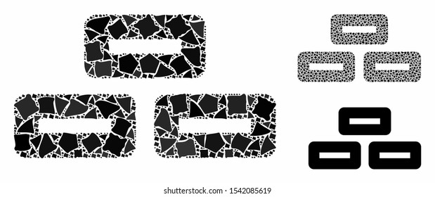 Bricks composition of raggy parts in various sizes and color tones, based on bricks icon. Vector raggy dots are organized into composition. Bricks icons collage with dotted pattern.