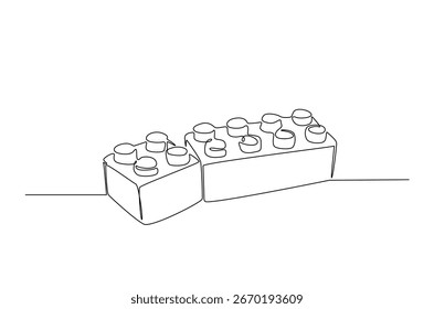 Bricks  construction toys in continuous one line drawing. Single line art illustration of brick blocks.

